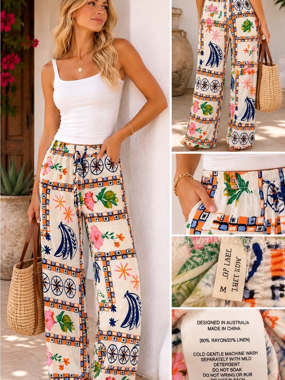 Boho Wide-Leg Floral Patchwork Pants - Cream Multi. Linen Blend